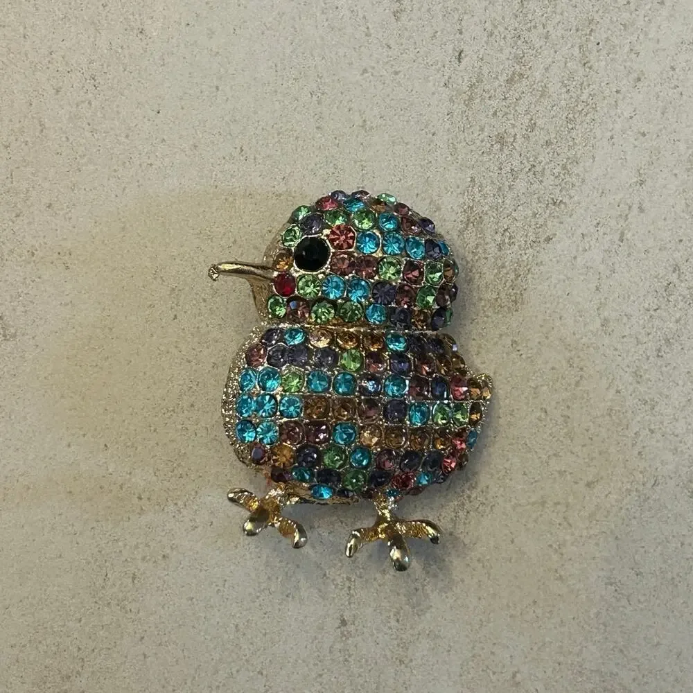 Vintage Rhinestone Chick Brooch – Colorful Pave Crystal Bird Pin – Whimsical